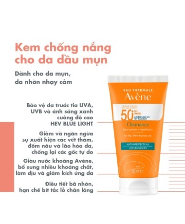 Kem chống nắng cho da dầu mụn Eau Thermale Avène CLEANANCE SPF50+ 50ml bảo vệ da khỏi tia UVA, UVB, ánh sáng xanh