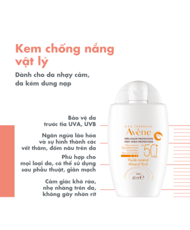 Kem chống nắng vật lý Eau Thermale Avène UV Mineral Fluid SPF50+ 40ml bảo vệ da khỏi tia UVA, UVB & dưỡng ẩm da nhạy cảm