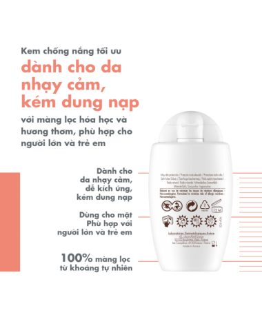 Kem chống nắng vật lý Eau Thermale Avène UV Mineral Fluid SPF50+ 40ml bảo vệ da khỏi tia UVA, UVB & dưỡng ẩm da nhạy cảm