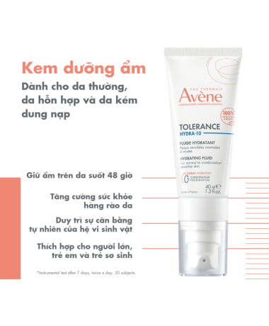 Kem dưỡng ẩm Eau Thermale Avène TOLERANCE Hydra-10 Hydrating Fluid 40ml giúp bảo vệ, làm dịu da cho da thường, da hỗn hợp