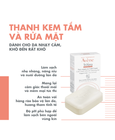 Thanh kem tắm và rửa mặt Eau Thermale Avène TRIXERA COLD CREAM CLEANSING BAR 100g làm sạch cho da nhạy cảm đến rất khô 