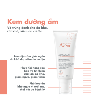 Kem dưỡng ẩm cho viêm da cơ địa Eau Thermale Avène XERACALM A.D Lipid Replenishing Cream 200ml giúp làm dịu và giảm ngứa