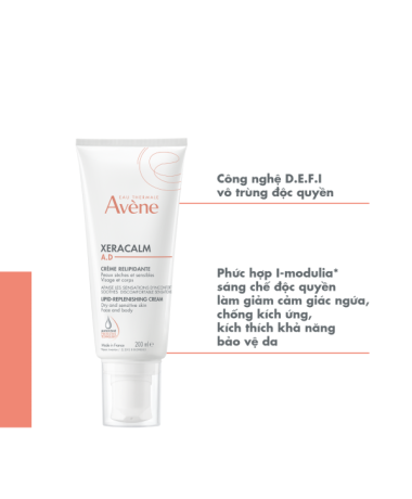 Kem dưỡng ẩm cho viêm da cơ địa Eau Thermale Avène XERACALM A.D Lipid Replenishing Cream 200ml giúp làm dịu và giảm ngứa