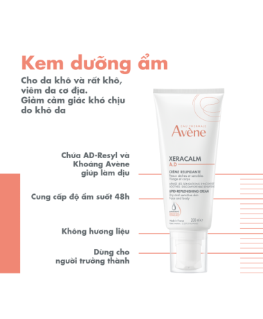 Kem dưỡng ẩm cho viêm da cơ địa Eau Thermale Avène XERACALM A.D Lipid Replenishing Cream 200ml giúp làm dịu và giảm ngứa