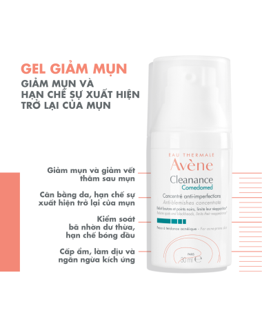 Gel giảm mụn Eau Thermale Avène CLEANANCE Comedomed 30ml giúp giảm nhờn, làm mờ các vết thâm đỏ và ngăn ngừa vi nhân mụn